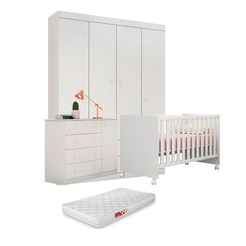 Jogo de Jogo de Quarto Infantil Old Clean Mdf Roupeiro + Cômoda + Berço C/ Colchão