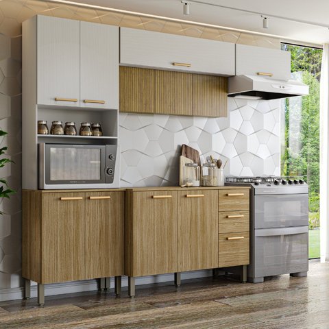 Cozinha Compacta Modulada 4 Peças com Balcão 120cm com Tampo Urbane Branco/Freijó/Supremo/Cp Ripado