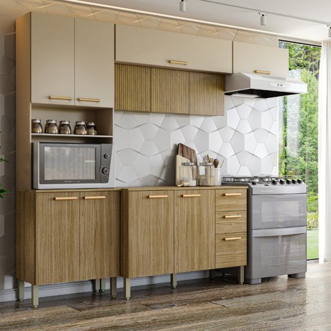 Cozinha Compacta Modulada 4 Peças com Balcão 120cm com Tampo Urbane Bege/Freijó/Vanilla/Cp-Ripado