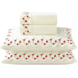 Jogo Lençol Casal Flores Bordado 4pç 100% Poliéster - M_verm