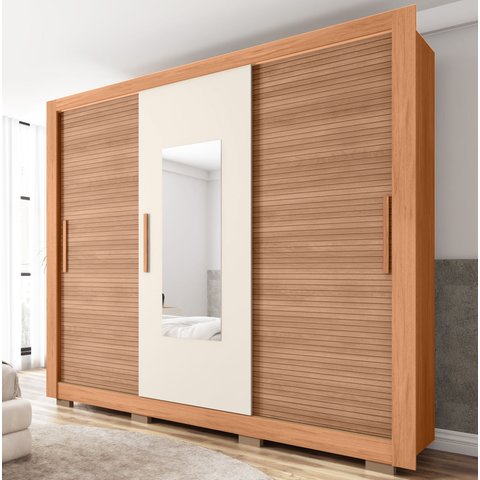 Guarda-Roupa 3 Portas 1 com Espelho 2 Gavetas e Pés Amanda Espresso Móveis Marrom/Freijó/Off White
