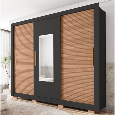 Guarda-Roupa 3 Portas 1 com Espelho 2 Gavetas e Pés Amanda Espresso Móveis Preto/Freijó
