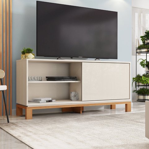 Rack para TV até 55 Polegadas 136cm Porta com Textura Microrripada Cavalete Mondrian 1.36 Bege
