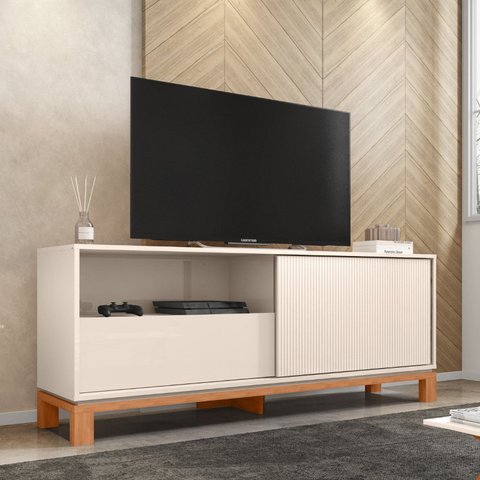 Rack para TV até 55 Polegadas 150cm Porta com Textura Microrripada Cavalete Mondrian 1.5 Bege