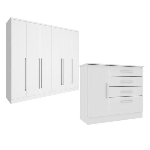 Guarda-Roupa 6 Portas Portugal e Comoda 4 Gavetas Chicago Espresso Móveis Branco/Neve