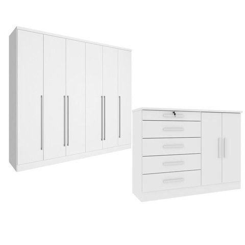 Guarda-Roupa 6 Portas Portugal e Comoda 5 Gavetas Istambul Espresso Móveis Branco/Neve