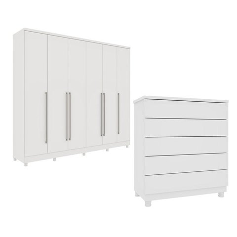 Guarda-Roupa 6 Portas Portugal e Comoda 5 Gavetas Premium com Pés Espresso Móveis Branco/Neve