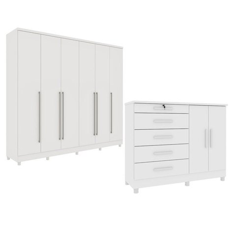 Guarda-Roupa 6 Portas Portugal e Comoda 5 Gavetas Istambul com Pés Espresso Móveis Branco/Neve