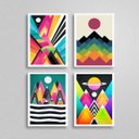 Ver imagem 1 de Kit 4 Quadros Figurativo Abstrato Colorido 45x34cm - com vidro:Madeira branca