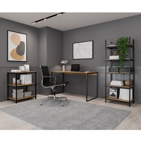 Conjunto 3 Peças com Escrivaninha e 2 Estantes Caroline Industrial Preto Elmo Marrom