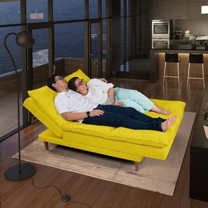 Sofá Cama Vancouver 3 Lugares Império Reclinável Casal Pés Madeira Suede Amarelo 374