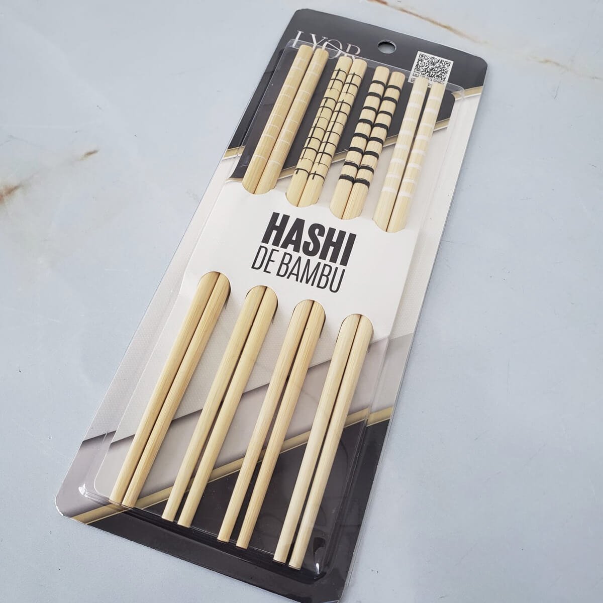 Kit Hashi de Bambu 4 Pares 24cm Palitos Japoneses Sushi Lyor Estampa Geométrica - 3