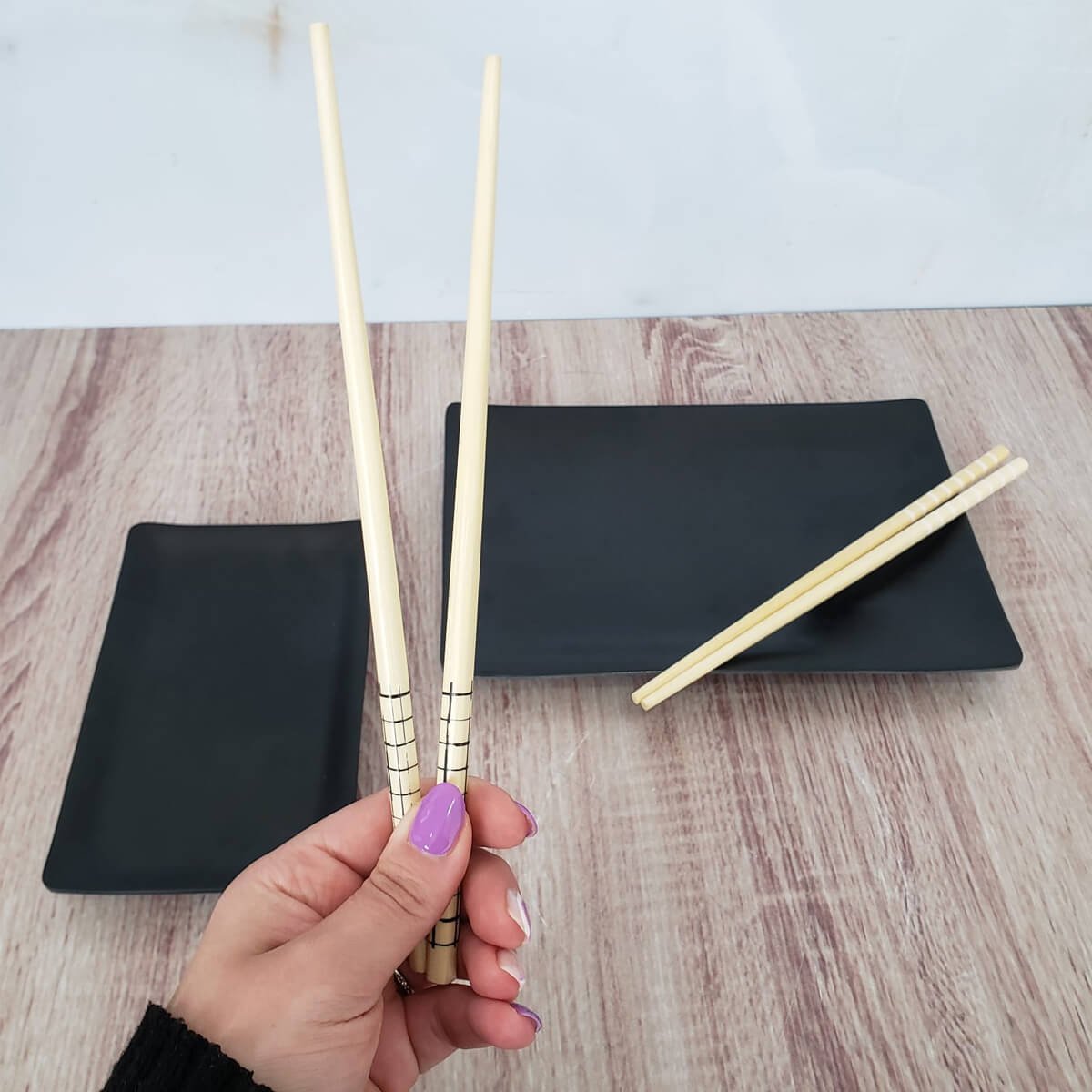 Kit Hashi de Bambu 4 Pares 24cm Palitos Japoneses Sushi Lyor Estampa Geométrica - 4