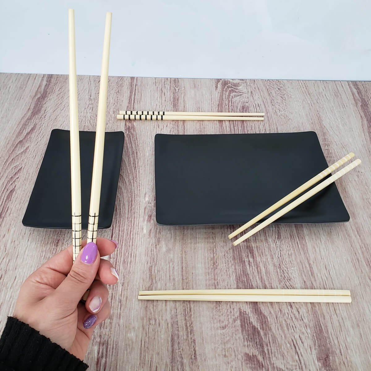 Kit Hashi de Bambu 4 Pares 24cm Palitos Japoneses Sushi Lyor Estampa Geométrica - 2