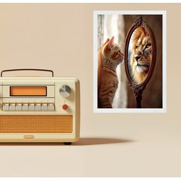 Quadro Motivacional Autoestima Gato Espelho Leão 24x18cm:moldura Branca - 1