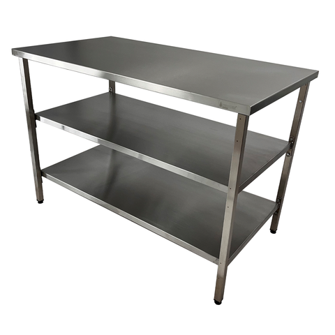 Mesa de Aço Inox Industrial 110x70x90 Cm com 2 Prateleiras Plano Liso Nortinox