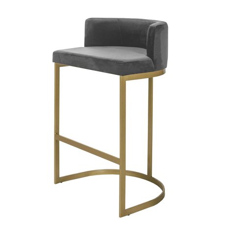 Banqueta Alta Estofada Estrutura Aço Carbono Belly Ii Base Dourada 75cm Suede Cinza