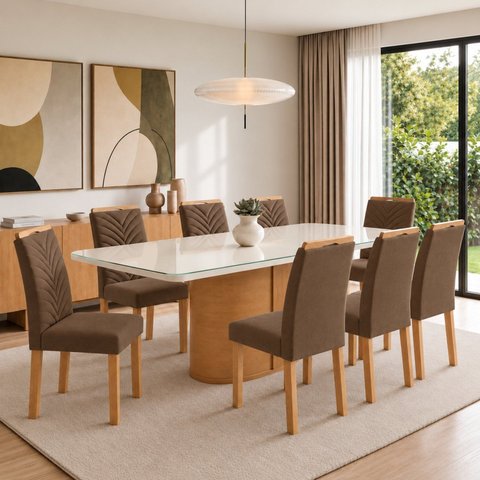 Conjunto Sala de Jantar 8 Lugares Retangular Tampo Vidro/MDF 200x90cm Mesa Diana e Cadeiras Carol