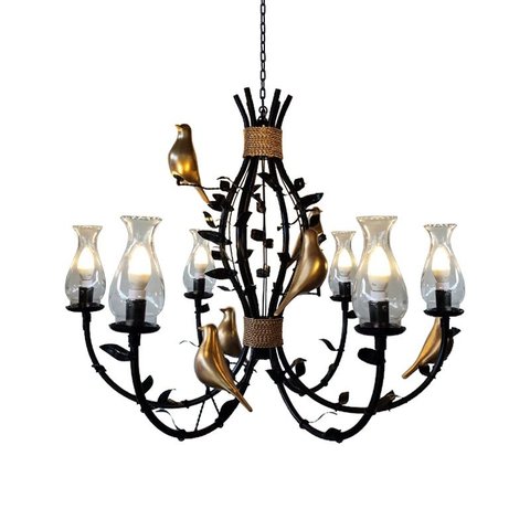 Lustre Rústico com Pássaros de Porcelana e Folhas de Ferro e Cupulas de Vidro
