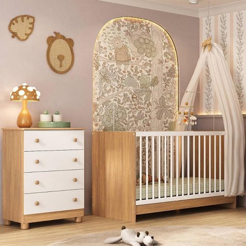 Berço 3 em 1 para Colchão 130x60cm com Cômoda 4 Gavetas Sol Multimóveis Mp4744 Madeirado/branco