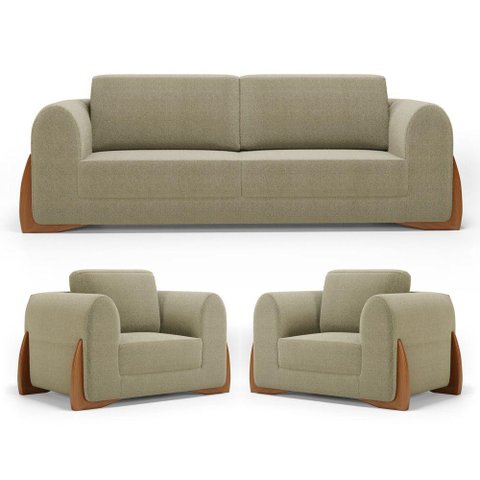 Kit 02 Poltronas e 01 Sofá Bloom 160cm 02 Lugares com Pés de Madeira Bouclê Bege - Desk Design