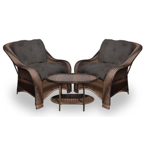 Conjunto de Poltronas Fibra Sintética Melo - 2 Poltronas + 1 Mesa Centro - Tecido Duna Marrom