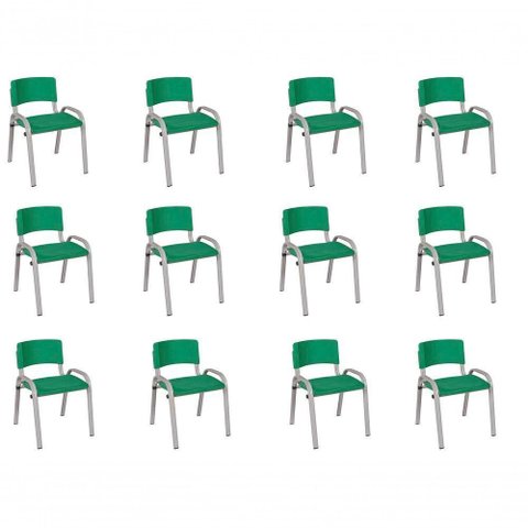 Kit 12 Cadeira Iso Infantil Creche, Base Cinza Verde Escuro