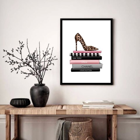 Quadro Decorativo Closet Sapato Livros - 70x50cm:moldura Branca