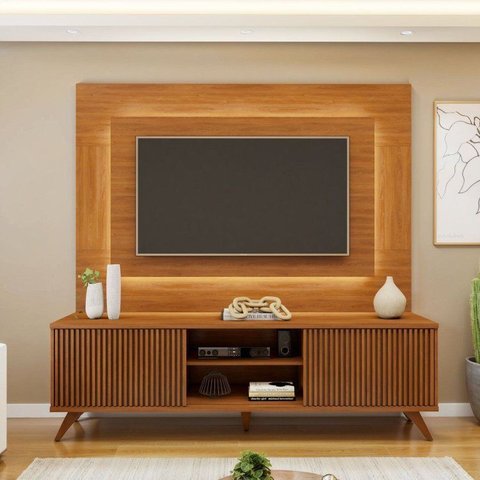 Rack Painel Ripado para TV até 58 Polegadas com LED 100% MDF 180CMX130CM Pés em Madeira Maciça Ga