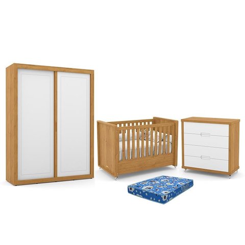 Dormitório Tutto New 2 Portas, Cômoda 4 Gavetas e Berço Freijó/Branco Soft com Colchão - Matic Móvei