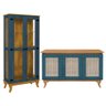 Kit Cristaleira de Vidro e Buffet Aparador Telinha 3 Portas em Madeira Maciça Azul/imbuia - 2
