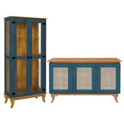 Kit Cristaleira de Vidro e Buffet Aparador Telinha 3 Portas em Madeira Maciça Azul/imbuia - 2 Kit Cristaleira de Vidro e Buffet Aparador Telinha 3 Portas em Madeira Maciça Azul/imbuia - 2