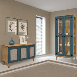 Kit Cristaleira de Vidro e Buffet Aparador Telinha 3 Portas em Madeira Maciça Azul/imbuia - 1