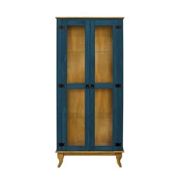 Kit Cristaleira de Vidro e Buffet Aparador Telinha 3 Portas em Madeira Maciça Azul/imbuia - 3