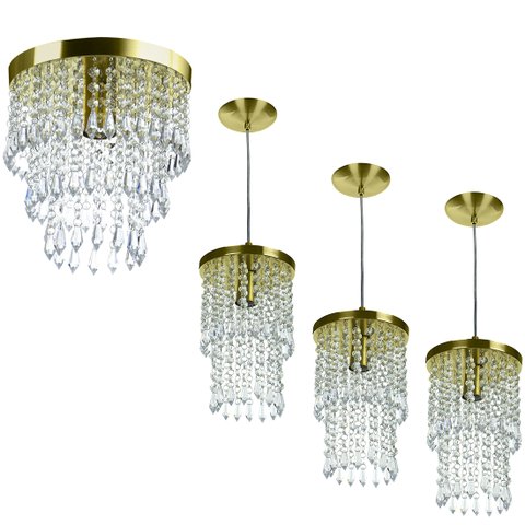 Kit 3 Pendentes Spark + Lustre Plafon Manucrillic Dourado