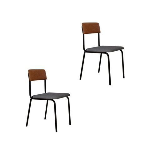 Conjunto 2 Cadeiras Estofadas Fixa Empilhável Fit Cinza Corriente/Caramelo/Preto Fosco Mt