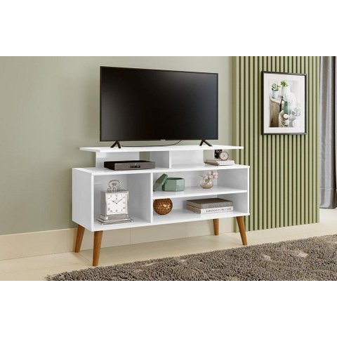 Rack Tv 42" com Nicho Pés Madeira Retrô Lyon Branco - Carmolar