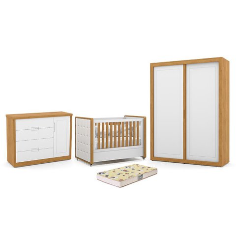 Dormitório Tutto New 2 Portas, Cômoda 1 Porta e Berço Branco Soft/freijó com Capitonê e Colchã