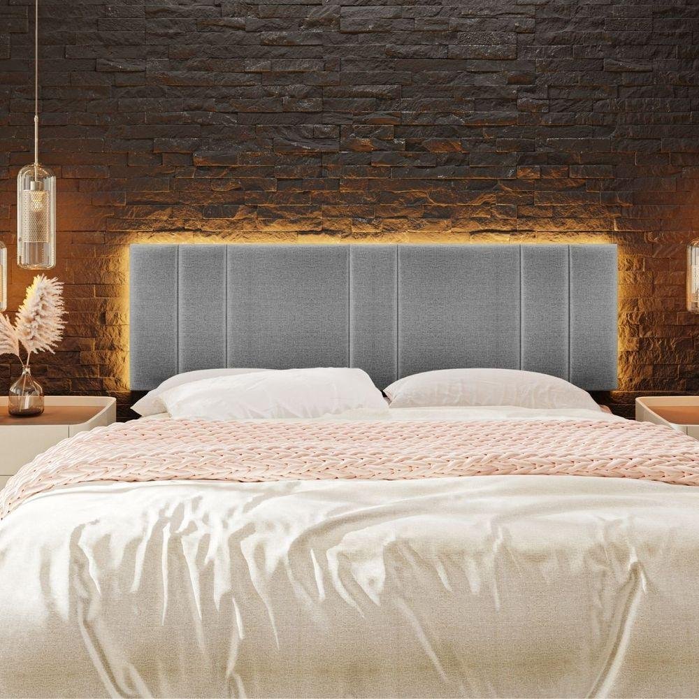 Cabeceira Estofada Iluminação Led Glow Cama King Size 200cm Linho Cinza - 2