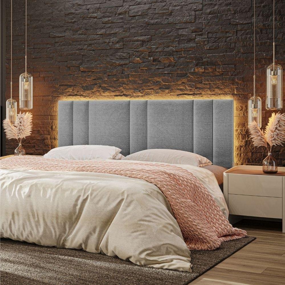 Cabeceira Estofada Iluminação Led Glow Cama King Size 200cm Linho Cinza - 6