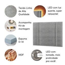 Cabeceira Estofada Iluminação Led Glow Cama King Size 200cm Linho Cinza - 5