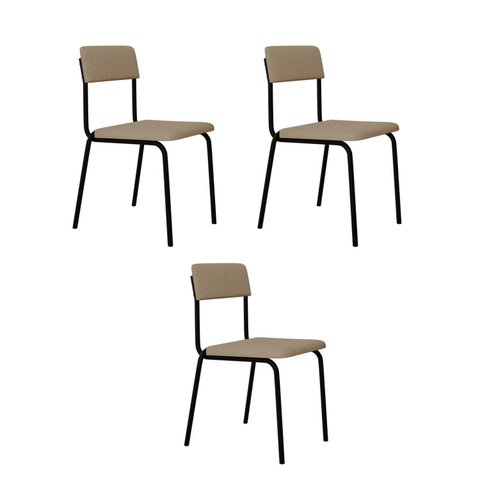 Conjunto 3 Cadeiras Estofadas Fixa Empilhável Fit Bege/Areia Corriente/Preto Fosco Mt