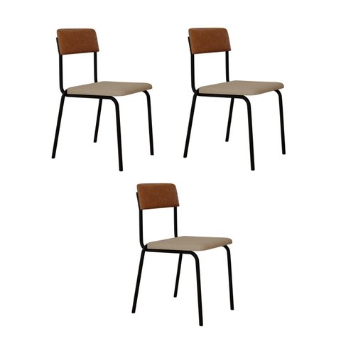 Conjunto 3 Cadeiras Estofadas Fixa Empilhável Fit Bege/Areia Corriente/Caramelo/Preto Fosco Mt