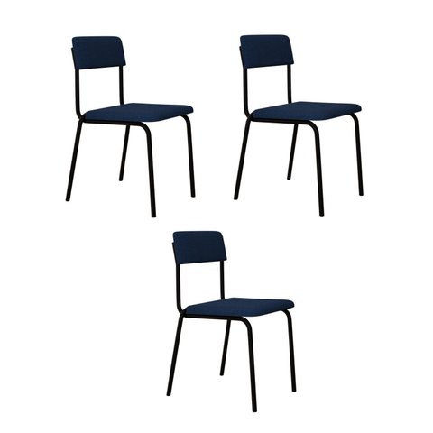Conjunto 3 Cadeiras Estofadas Fixa Empilhável Fit Azul/City/Preto Fosco Mt