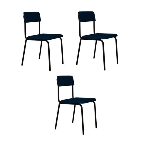 Conjunto 3 Cadeiras Estofadas Fixa Empilhável Fit Azul/Corriente/Preto Fosco Mt