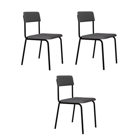 Conjunto 3 Cadeiras Estofadas Fixa Empilhável Fit Cinza Corriente/Preto Fosco Mt