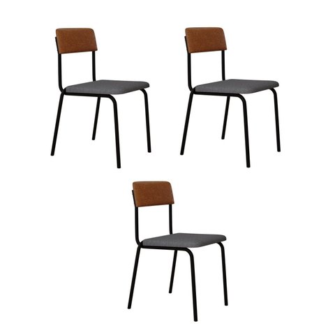 Conjunto 3 Cadeiras Estofadas Fixa Empilhável Fit Cinza/Caramelo/Preto