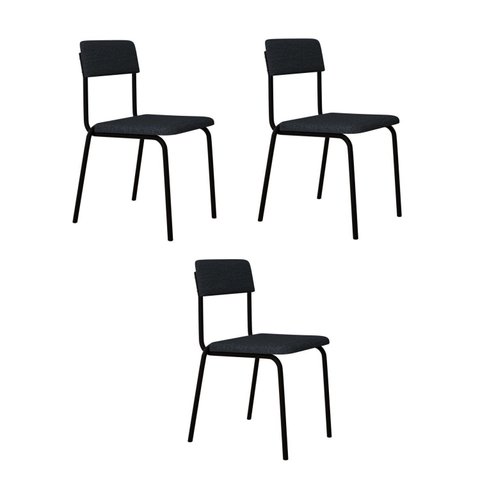 Conjunto 3 Cadeiras Estofadas Fixa Empilhável Fit Cinza/Corriente/Preto Fosco Mt