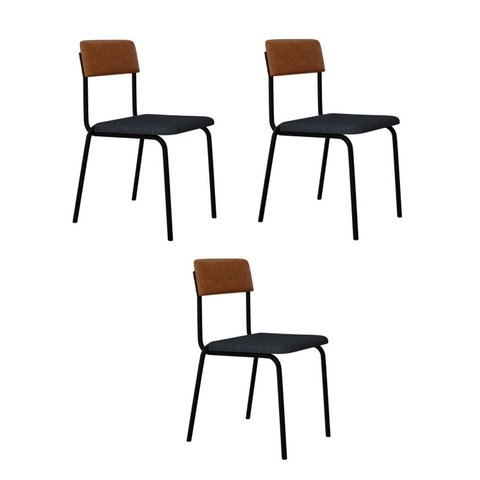 Conjunto 3 Cadeiras Estofadas Fixa Empilhável Fit Cinza/Corriente/Caramelo/Preto Fosco