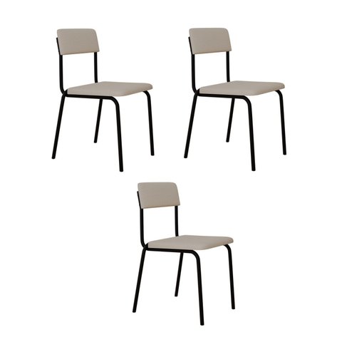Conjunto 3 Cadeiras Estofadas Fixa Empilhável Fit Branco/Palha Corriente/Preto Fosco Mt